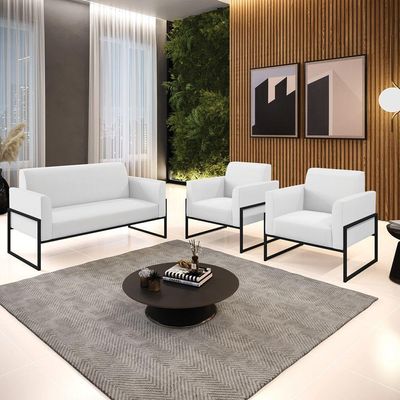 Sofá Namoradeira Com 2 Poltronas Base Industrial Alta Preto Marisa Corino Branco D03 - D\'rossi