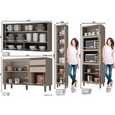 Kit De Cozinha Modulada 8pçs 2 Armários 2 Balcões 2 Paneleiros 2 compl. C8P14 Duna/Cristal Henn