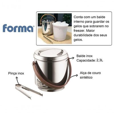 Balde De Gelo Inox Com Alças De Couro Pinça 2,3 Litros Bar Balde Interno Removivel Para Guardar Gelo