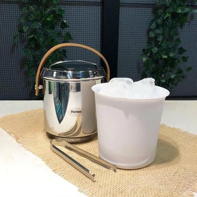 Balde De Gelo Inox Com Alças De Couro Pinça 2,3 Litros Bar Balde Interno Removivel Para Guardar Gelo