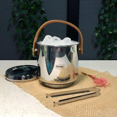 Balde De Gelo Inox Com Alças De Couro Pinça 2,3 Litros Bar Balde Interno Removivel Para Guardar Gelo