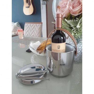 Balde De Gelo Inox Com Alças De Couro Pinça 2,3 Litros Bar Balde Interno Removivel Para Guardar Gelo