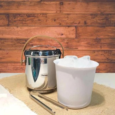 Balde De Gelo Inox Com Alças De Couro Pinça 2,3 Litros Bar Balde Interno Removivel Para Guardar Gelo