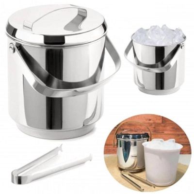 Balde De Gelo Inox Com Pegador Pinça 2,3 Litros Baldinho Container Interno Removível Para Guardar