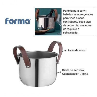 Champanheira Inox 12 Litros Grande Firenze Com Alças Couro Balde De Gelo Gigante Garrafa Champagne
