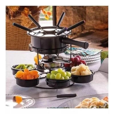 Aparelho De Fondue Esmaltado Viena Carroussel Molheiras Base Giratória 16 Peças Serviço Conjunto Kit