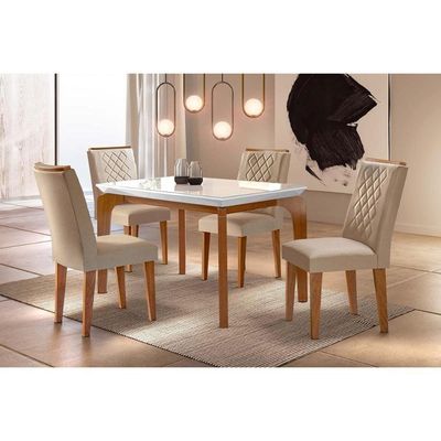 Sala de Jantar Completa Londrina Vidro 120Cm + 4 Cadeiras Imbuia Veludo Creme