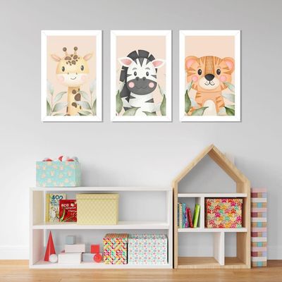 Kit Quadros Infantil Safari Aquarela 20x30 3 Peças Titulos Moldura Branca