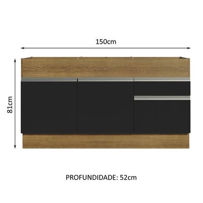 Balcão Pia Glamy 150Cm 2 Porta Gaveta sem Tampo Rustic Preto
