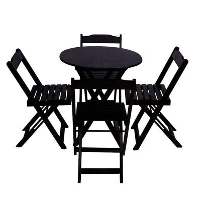 Conjunto De Mesa Dobravel De Madeira 70cm Redondo Com 4 Cadeiras Preto - Preto