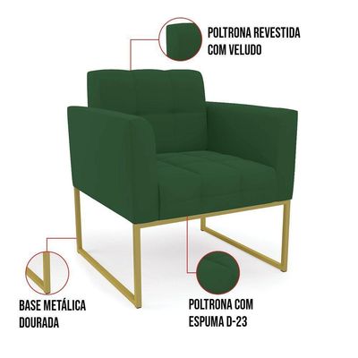 Poltrona Elisa Veludo Verde Base Metálica Industrial Dourado - D'rossi