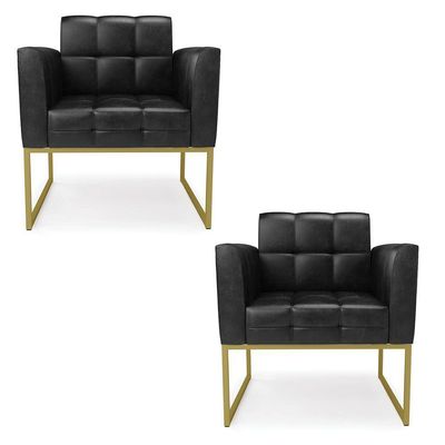 Kit 2 Poltronas Elisa Corano Preto Base Metálica Industrial Dourado - D'rossi