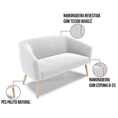 Kit 1 Sofá Namoradeira E 2 Poltronas Stella Bouclê Off White Pés Palito Natural - D'rossi