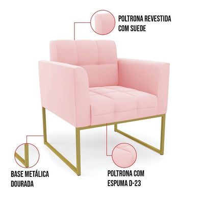 Poltrona Elisa Suede Base Metálica Industrial Dourado - D'rossi Cor Rosa Bebê