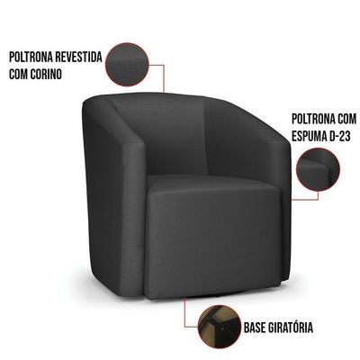 Poltrona Stella Max Corino Preto Base Giratória - D'rossi
