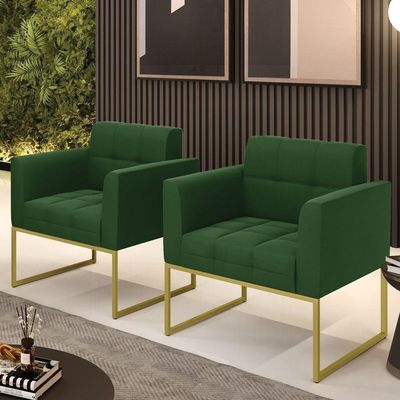 Kit 2 Poltronas Elisa Suede Base Metálica Industrial Dourado - D'rossi Cor Verde