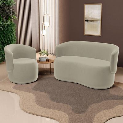 Kit Poltrona E Namoradeira Aisha Orgânica Suede Bege