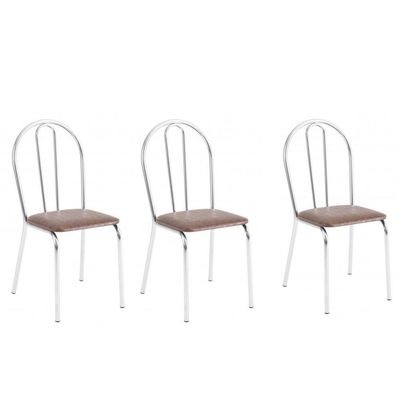 Conjunto 3 Cadeiras Lena Cromada Resistente Sintético Marrom