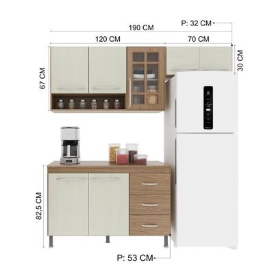 Cozinha Compacta 3 Peças 190cm 7 Portas 3 Gavetas Com Tampo