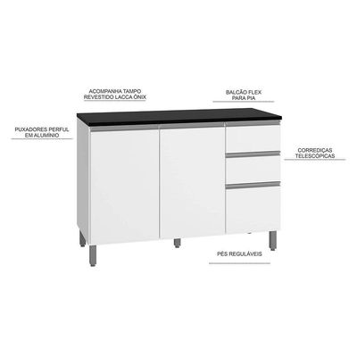 Balcão Com Tampo Evidence 3 Portas 2 Gavetas Mdp Branco