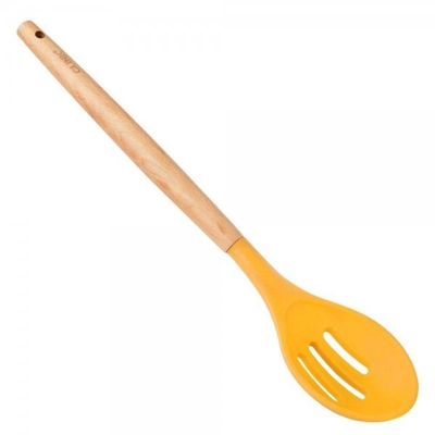 Colher Vazada De Silicone Com Cabo Madeira 32 Cm - Clink