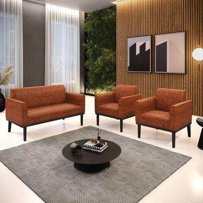 Sofá Namoradeira Com 2 Poltronas Base De Madeira Fixa Preto Marisa Corano D03 - D\'rossi Cor Nozes