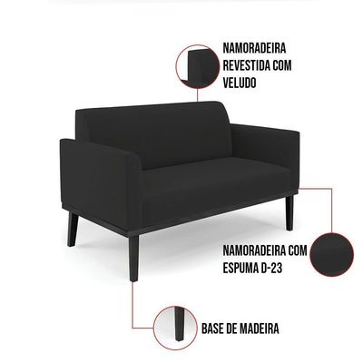 Sofá Namoradeira Com Poltrona Base De Madeira Fixa Preto Marisa Veludo D03 - D'Rossi Preto