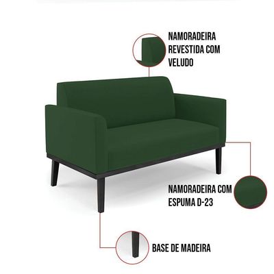 Sofá Namoradeira Com Poltrona Base De Madeira Fixa Preto Marisa Veludo D03 - D'Rossi Verde
