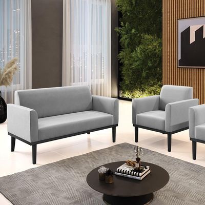 Sofá Namoradeira Com Poltrona Base De Madeira Fixa Preto Marisa Suede D03 - D'Rossi Cinza