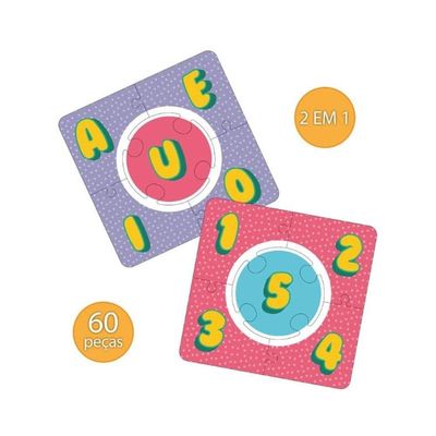 Puzzle 2 Em 1 Giramille Vogais E Número Bilingue 60 Peças - Pais E Filhos