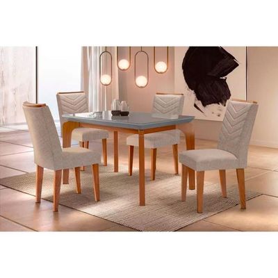 Kit Mesa Tampo Vidro 120cm + 4 Cadeiras Imbuia Linho Esmeralda