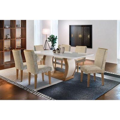 Kit Mesa Tampo Vidro Canto Curvo 180cm + 6 Cadeiras Imbuia Chocolate
