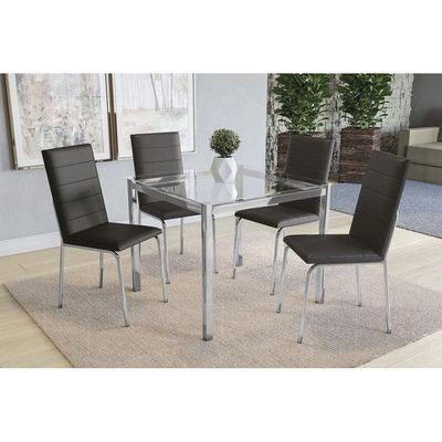 Kit Mesa Reno C- Tampo Vidro 90cm + 4 Cadeiras Amsterdã Cromado Courano Preto