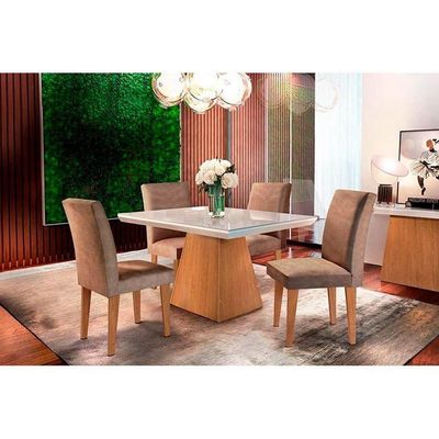 Kit Mesa Luna C/ Tampo Vidro Canto Reto 120cm + 4 Cadeiras Imbuia Chocolate Capuccino