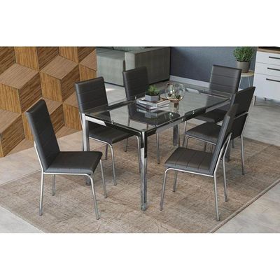 Kit Mesa Reno C- Tampo Vidro 150cm + 6 Cadeiras Amsterdã Cromado Courano Preto