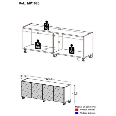 Rack Tv Até 50 Polegadas Com Rodízios E Espelhos Mp1080 Branco Branco