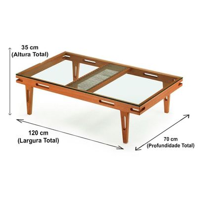Mesa De Centro Los Ozki 120 Cm Madeira Eucalipto Cedro Corda Redonda Rami E Tampo De Vidro