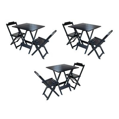 Kit 3 Jogos De Mesa Dobravel Com 2 Cadeiras De Madeira 70X70 Para Restaurante E Bar - Preto