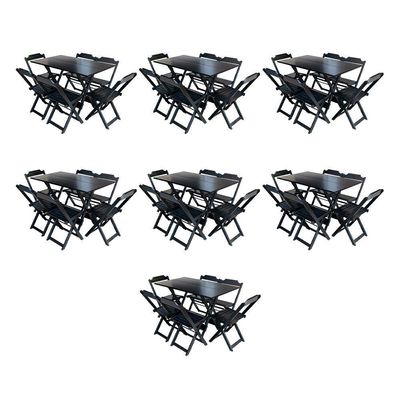 Kit 7 Conjuntos De Mesa Dobravel Com 6 Cadeiras De Madeira 120X70 Para Restaurante E Bar - Preto