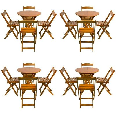 Kit 4 Conjuntos De Mesa Dobravel 70X70 Tampo Redondo Em Madeira Padrao Com 4 Cadeiras - Mel - Marrom