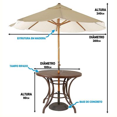Kit 4 Cadeiras Fibra Tabaco e Mesa Tampo Marrom e Ombrelone Bege