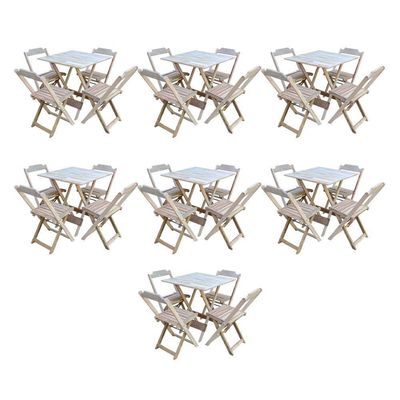 Kit 7 Jogos De Mesa Dobravel Com 4 Cadeiras De Madeira 70X70 Para Restaurante E Bar - Sem Pintura
