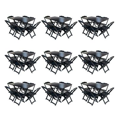 Kit 9 Jogos De Mesa Dobravel Com 6 Cadeiras De Madeira 120X70 Para Restaurante E Bar - Preto