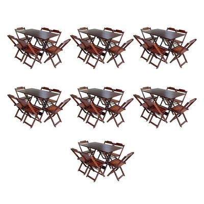 Kit 7 Jogos De Mesa Dobravel Com 6 Cadeiras De Madeira 120X70 Para Restaurante E Bar - Imbuia
