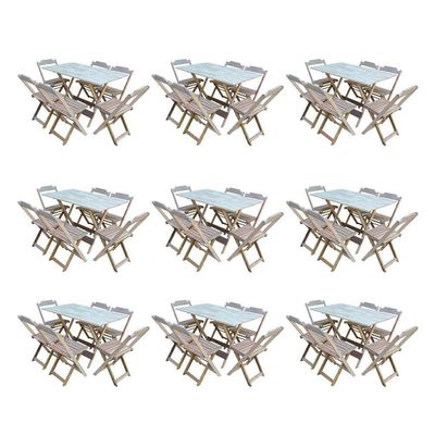 Kit 9 Jogos De Mesa Dobravel Com 6 Cadeiras De Madeira 120X70 Para Restaurante E Bar - Sem Pintura
