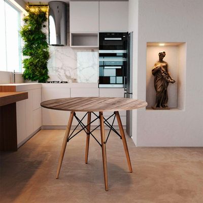 Mesa Redonda De Jantar Eames Eiffel 110cm Amêndoa Base Madeira Maciça - Cor: Marrom