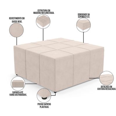 Kit 02 Puffs Quadrado Milano 90x90 W01 Suede Bege