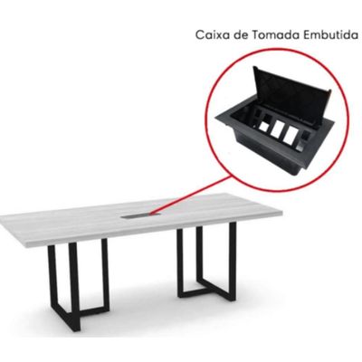 Mesa De Reunião Com Caixa De Tomada Retangular 260 X 120 Cm Pé Tubular Pe25 Em Mdp Walnut Base Preto