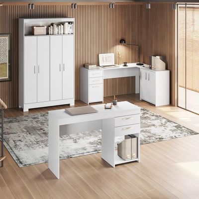 Conjunto Para Escritório 2 Mesas E 1 Armário Multiuso 4 Portas Branco Notável Móveis Branco