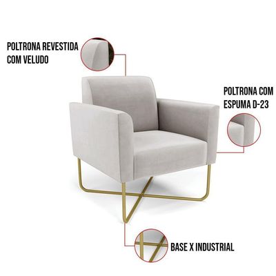 Poltrona Base X Industrial Dourado Marisa Veludo Cinza D03 - D\'rossi